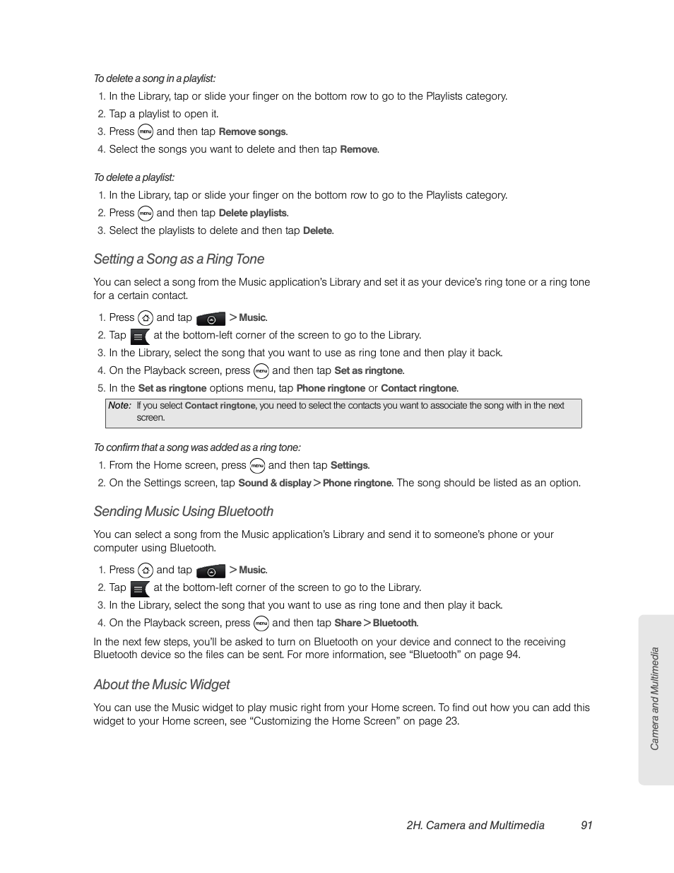 Setting a song as a ring tone, Sending music using bluetooth, About the music widget | HTC EVO 4G User Manual | Page 101 / 197