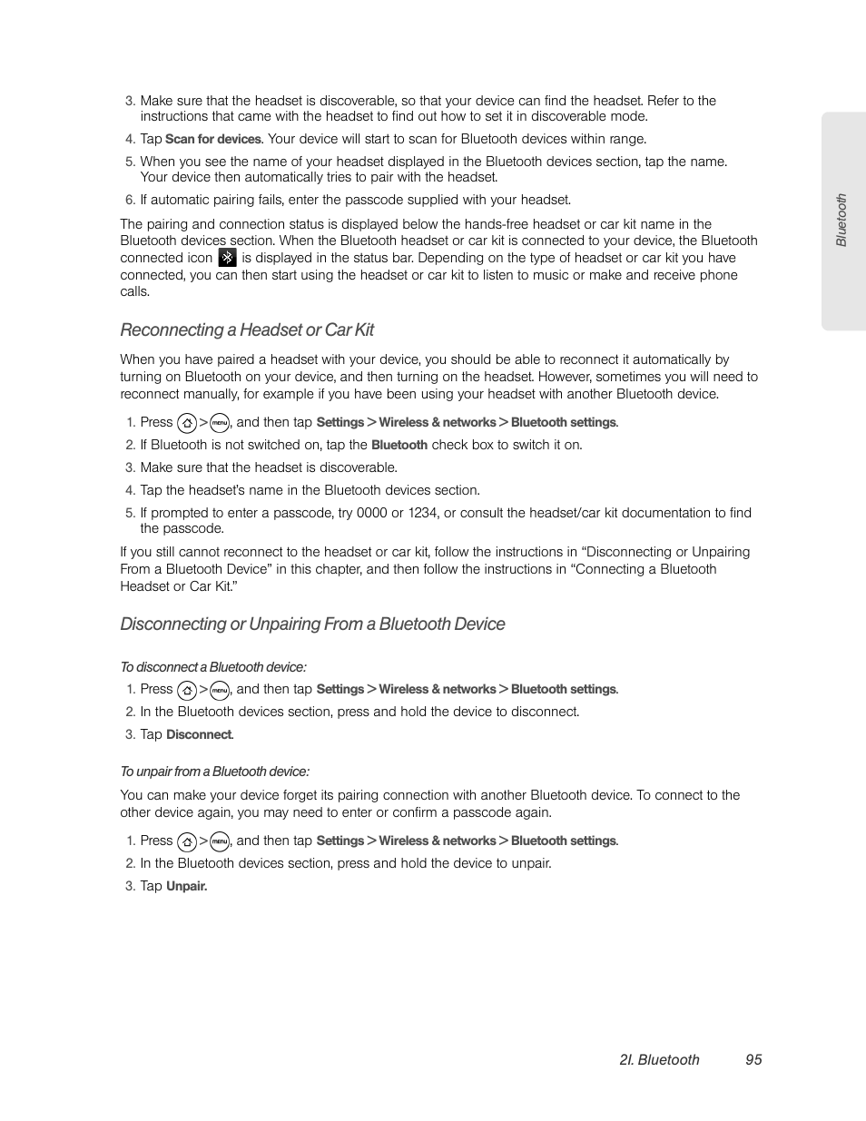 Reconnecting a headset or car kit, Disconnecting or unpairing from a bluetooth device | HTC EVO 4G User Manual | Page 105 / 197