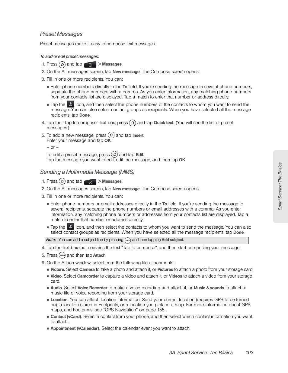 Preset messages, Sending a multimedia message (mms), E “sending a multimedia message (mms) | HTC EVO 4G User Manual | Page 113 / 197