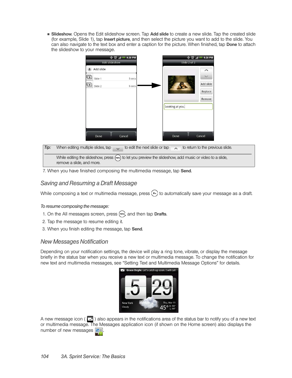 Saving and resuming a draft message, New messages notification | HTC EVO 4G User Manual | Page 114 / 197