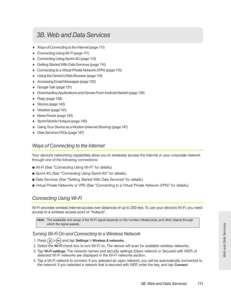 3b. web and data services, Ways of connecting to the internet, Connecting using wi-fi | HTC EVO 4G User Manual | Page 121 / 197