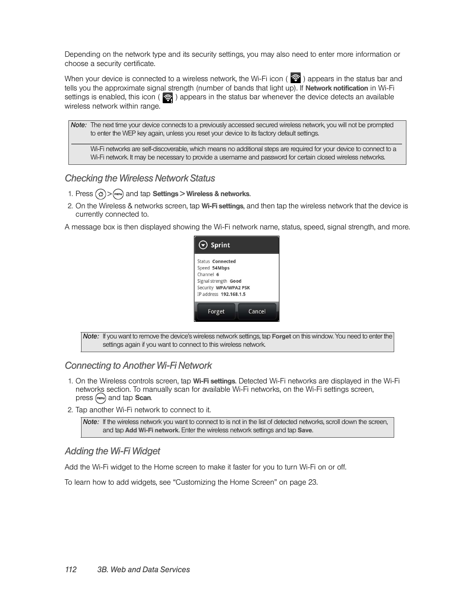 Checking the wireless network status, Connecting to another wi-fi network, Adding the wi-fi widget | HTC EVO 4G User Manual | Page 122 / 197