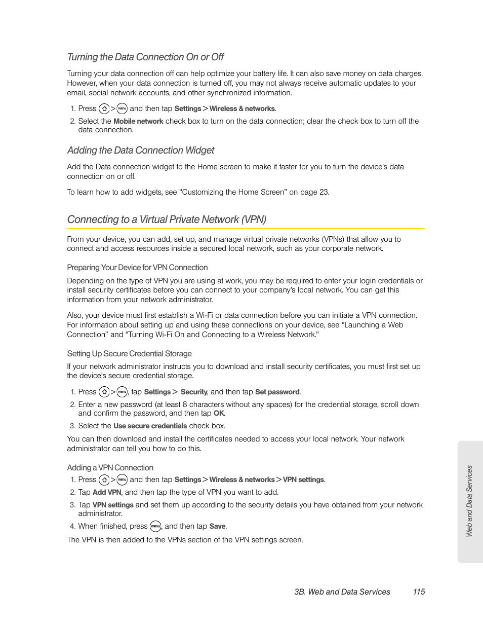 Turning the data connection on or off, Adding the data connection widget, Connecting to a virtual private network (vpn) | HTC EVO 4G User Manual | Page 125 / 197