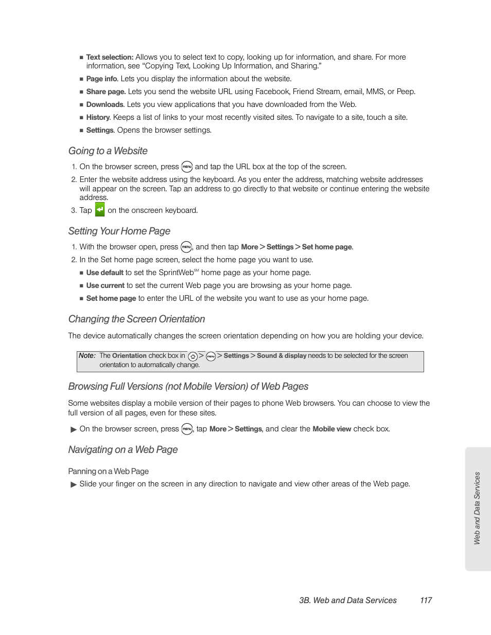 Going to a website, Changing the screen orientation, Setting your home page | Navigating on a web page | HTC EVO 4G User Manual | Page 127 / 197