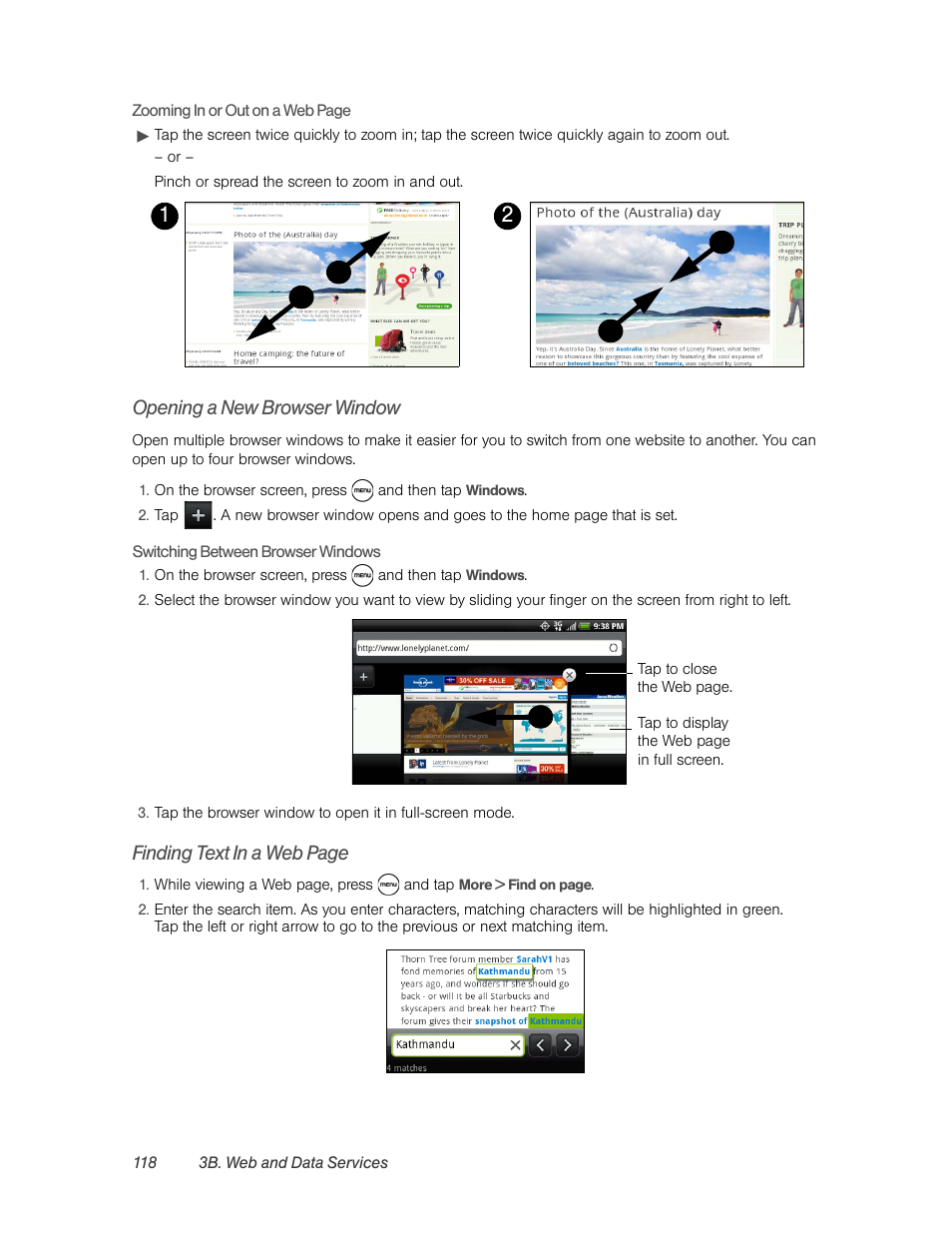 Opening a new browser window, Finding text in a web page | HTC EVO 4G User Manual | Page 128 / 197