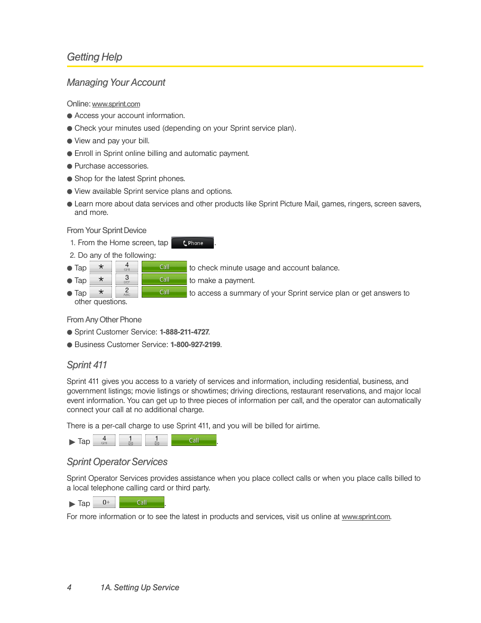 Getting help, Managing your account, Sprint 411 | Sprint operator services | HTC EVO 4G User Manual | Page 14 / 197