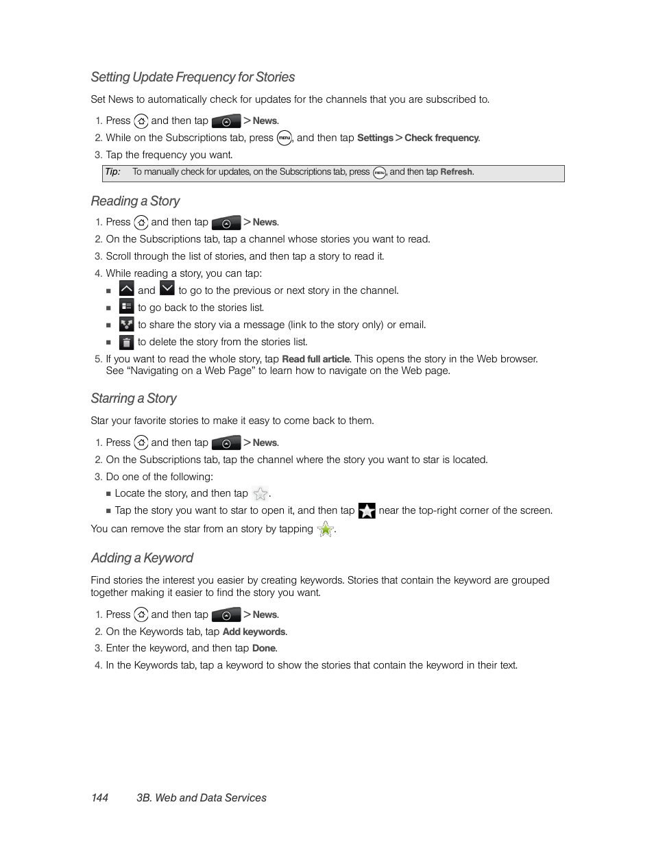 Setting update frequency for stories, Reading a story, Starring a story | Adding a keyword | HTC EVO 4G User Manual | Page 154 / 197