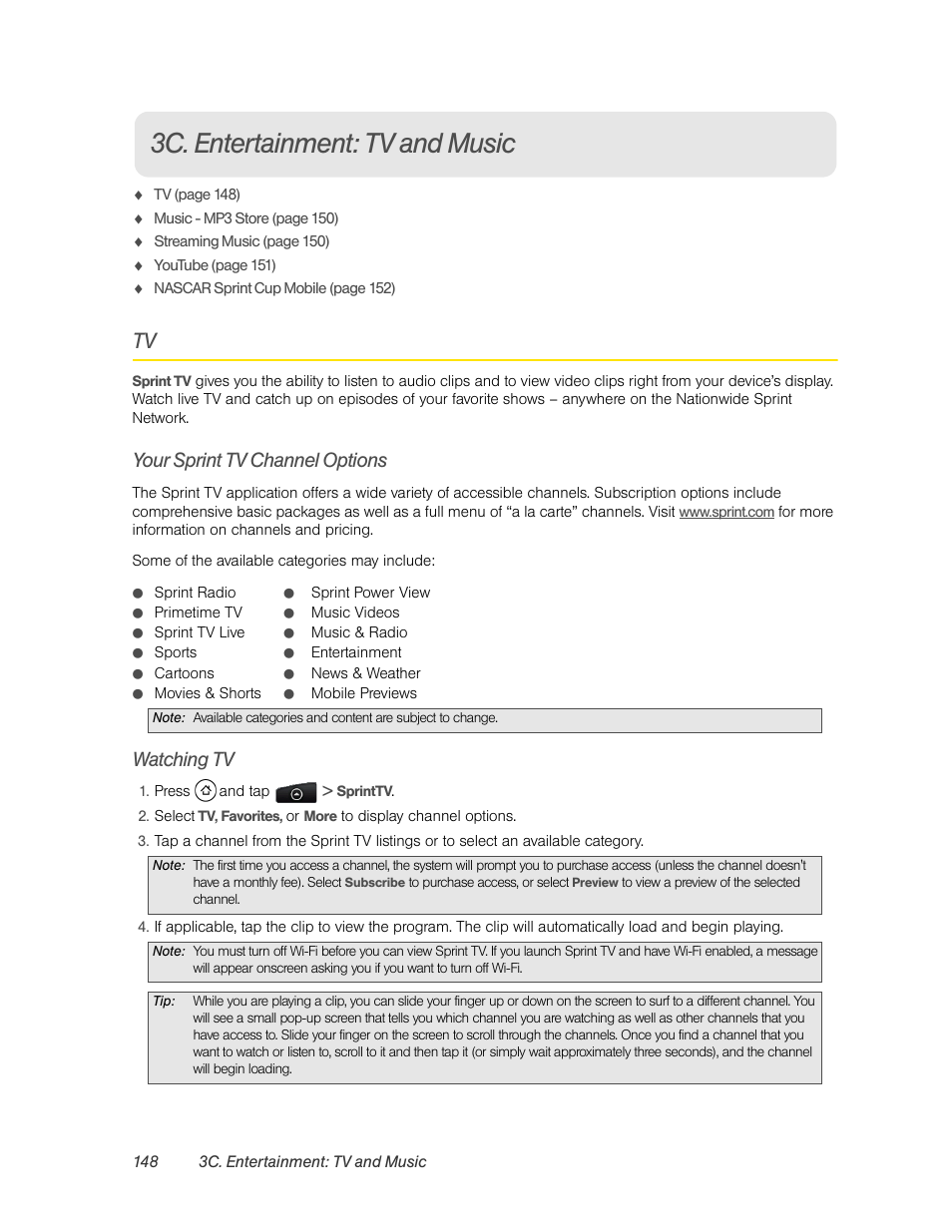 3c. entertainment: tv and music, Your sprint tv channel options, Watching tv | HTC EVO 4G User Manual | Page 158 / 197