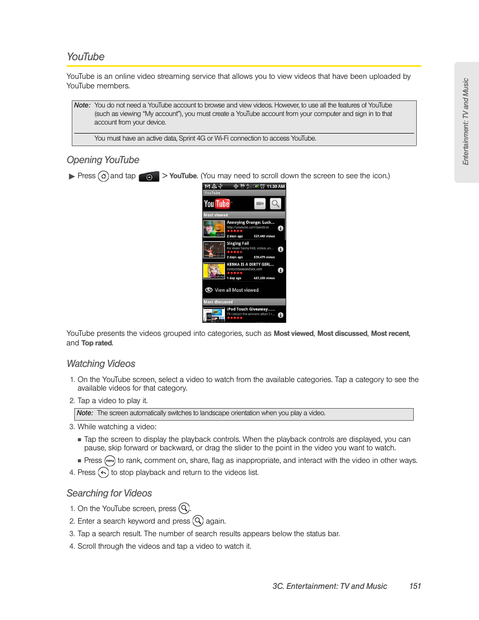 Youtube, Opening youtube, Watching videos | Searching for videos | HTC EVO 4G User Manual | Page 161 / 197