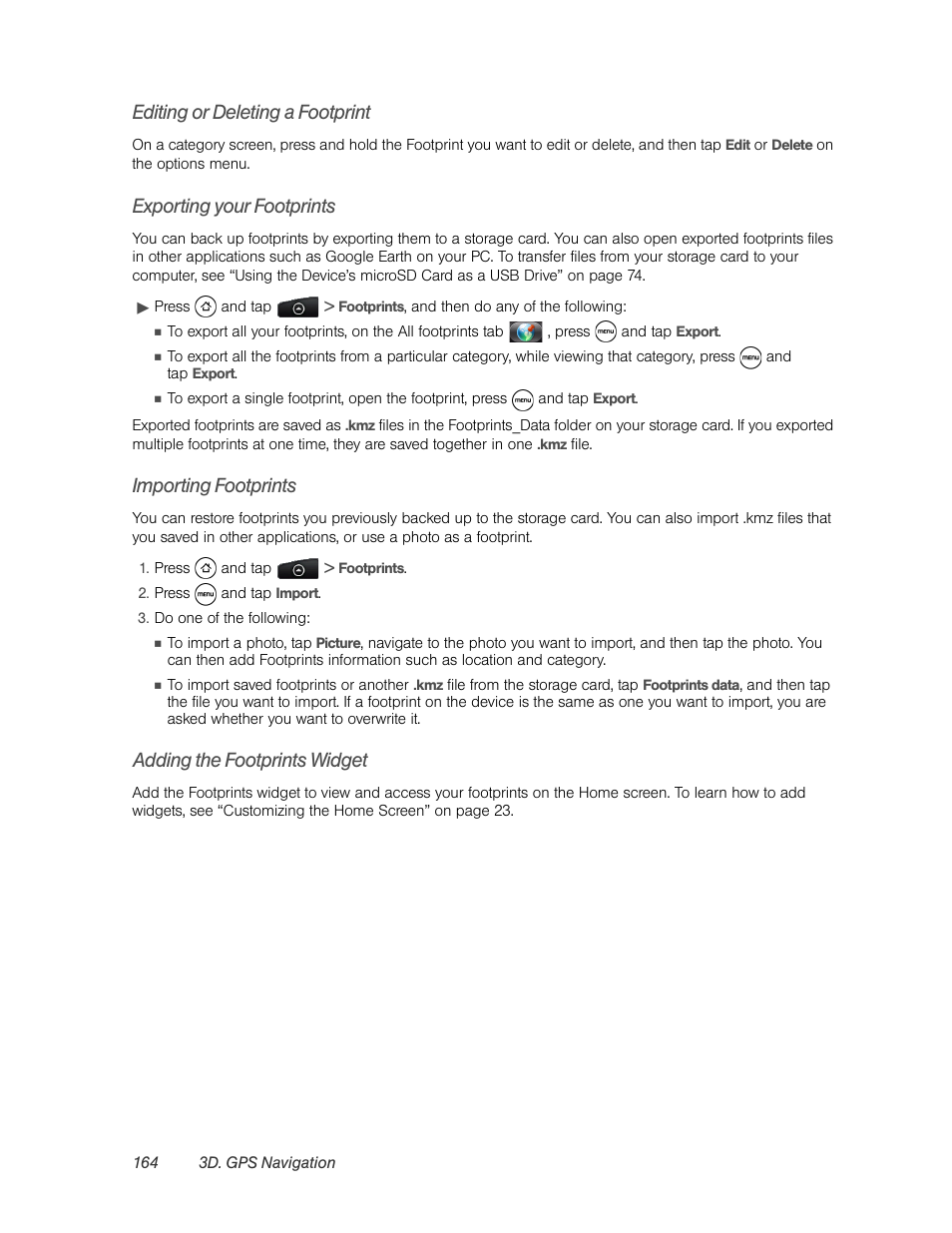 Editing or deleting a footprint, Exporting your footprints, Importing footprints | Adding the footprints widget | HTC EVO 4G User Manual | Page 174 / 197