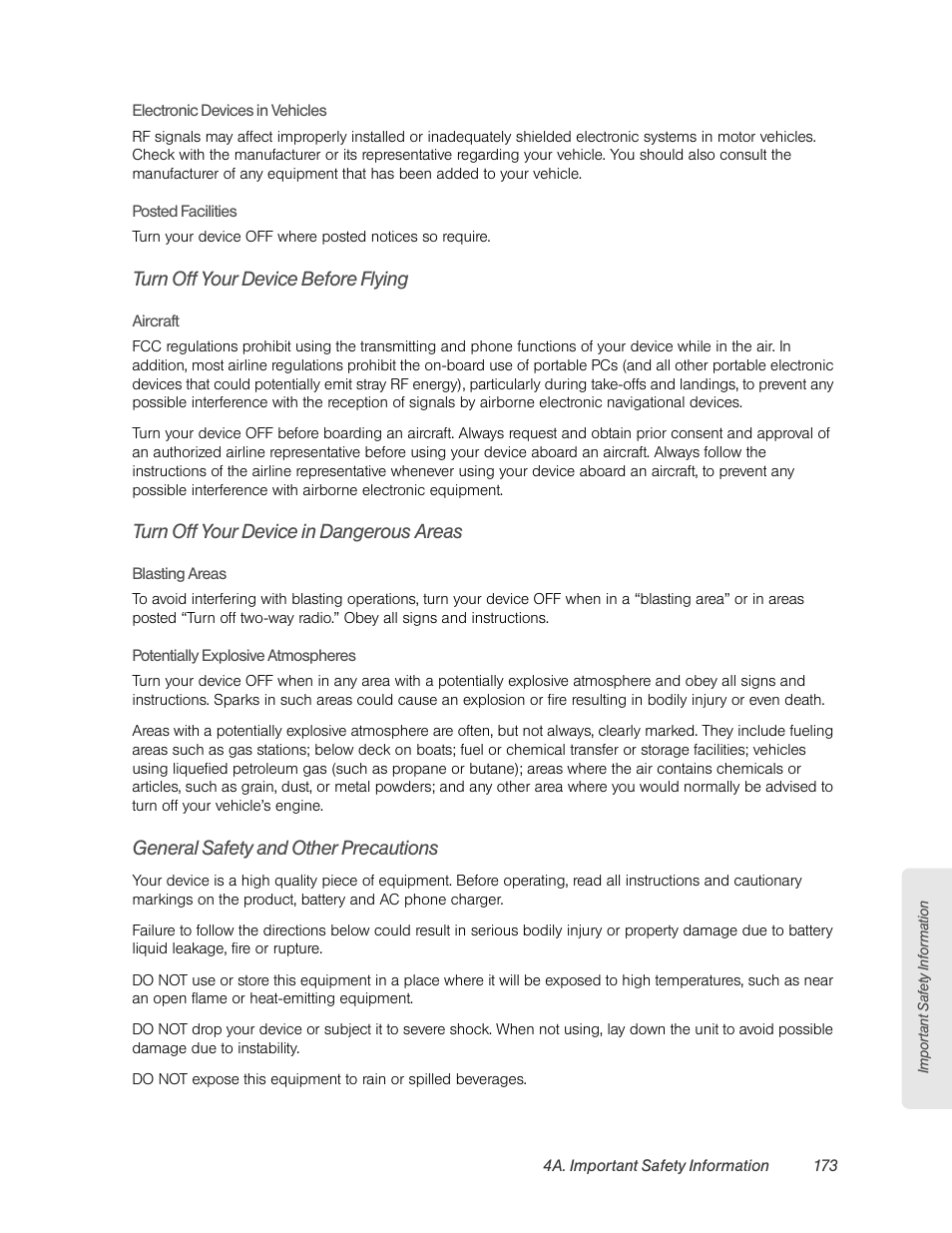 Turn off your device before flying, Turn off your device in dangerous areas, General safety and other precautions | HTC EVO 4G User Manual | Page 183 / 197