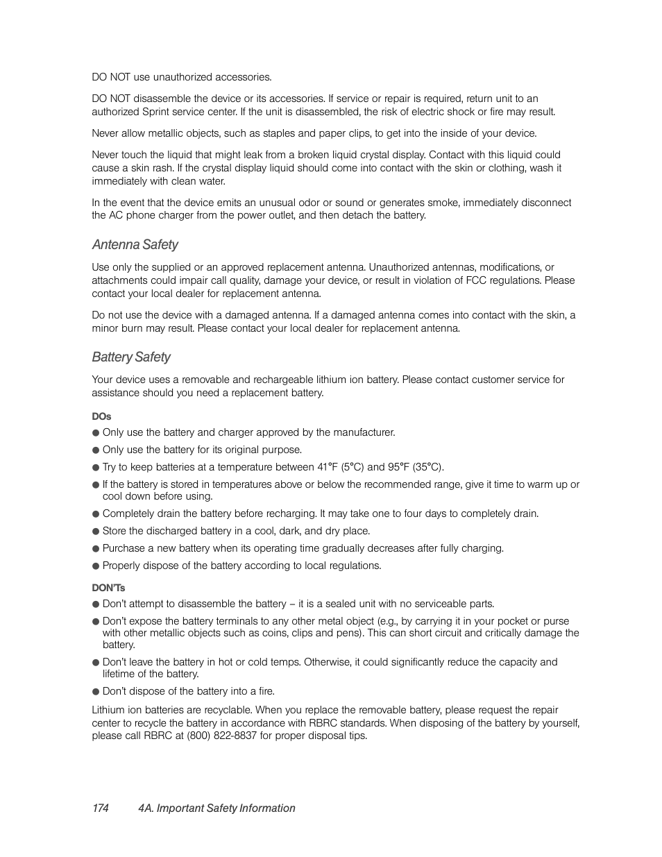 Antenna safety, Battery safety | HTC EVO 4G User Manual | Page 184 / 197