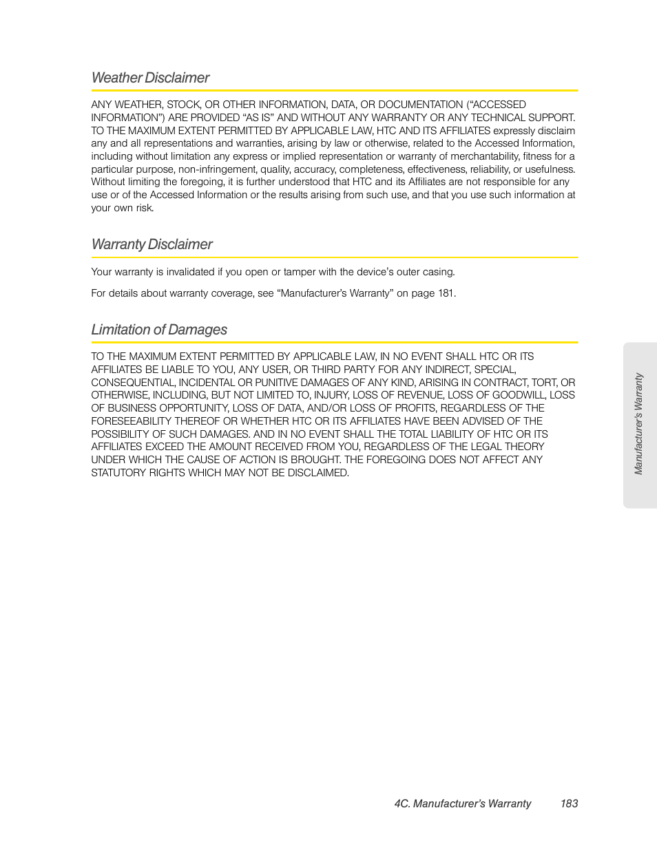 Weather disclaimer, Warranty disclaimer, Limitation of damages | HTC EVO 4G User Manual | Page 193 / 197