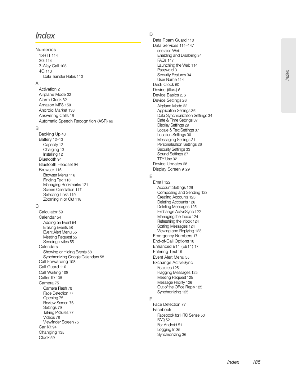 Index | HTC EVO 4G User Manual | Page 195 / 197