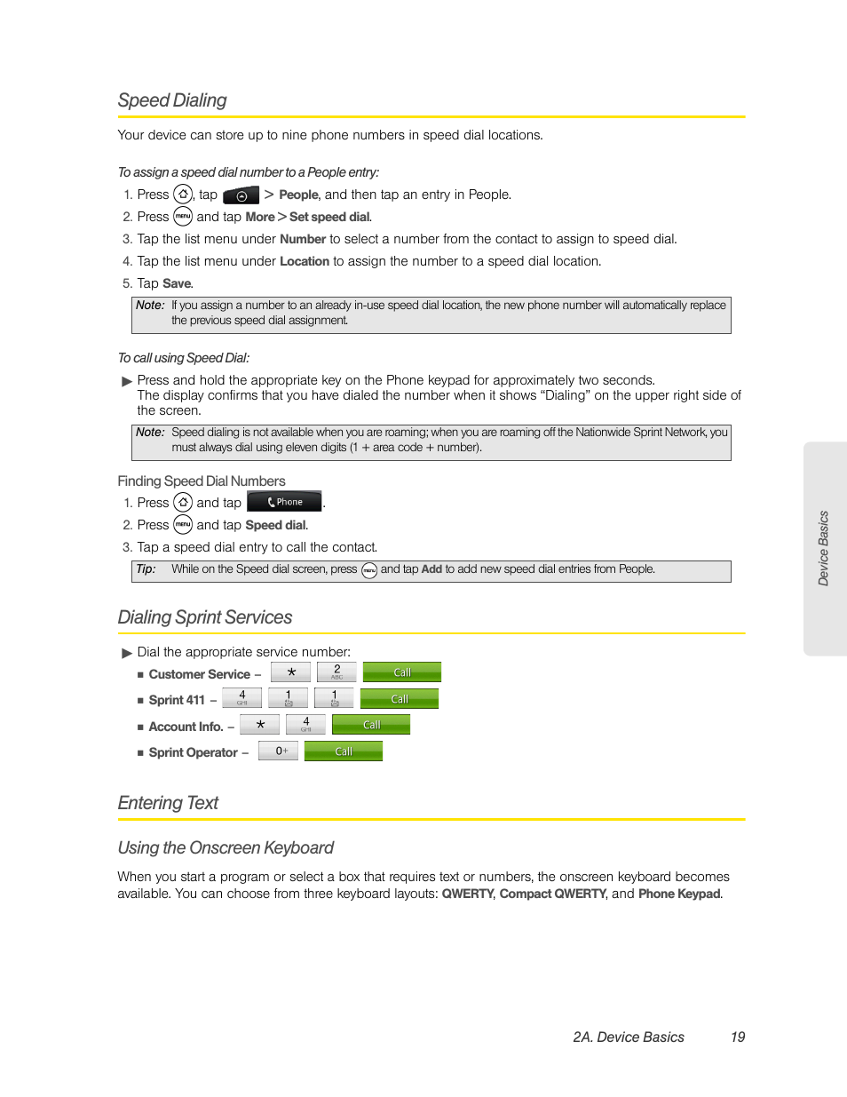 Speed dialing, Dialing sprint services, Entering text | Using the onscreen keyboard | HTC EVO 4G User Manual | Page 29 / 197