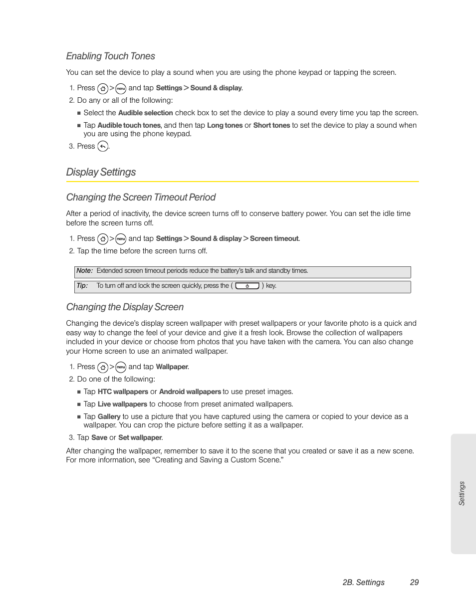 Enabling touch tones, Display settings, Changing the screen timeout period | Changing the display screen | HTC EVO 4G User Manual | Page 39 / 197