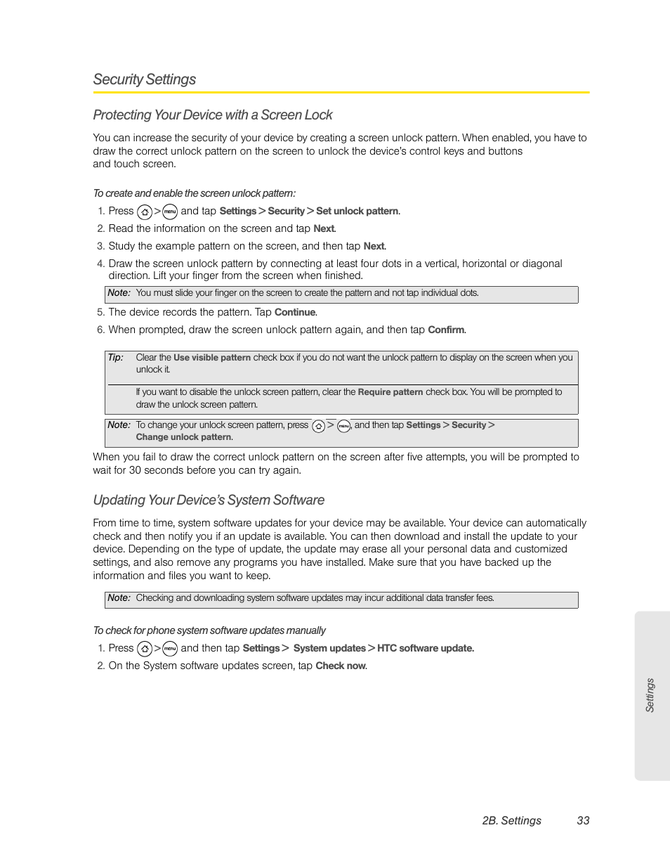 Security settings, Protecting your device with a screen lock, Updating your device’s system software | HTC EVO 4G User Manual | Page 43 / 197