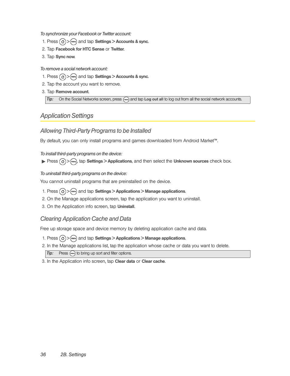 Application settings, Allowing third-party programs to be installed, Clearing application cache and data | HTC EVO 4G User Manual | Page 46 / 197