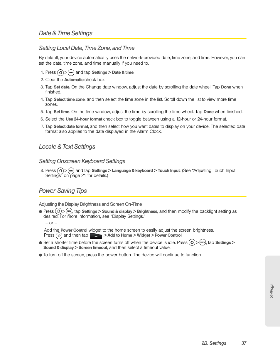 Date & time settings, Setting local date, time zone, and time, Locale & text settings | Setting onscreen keyboard settings, Power-saving tips | HTC EVO 4G User Manual | Page 47 / 197