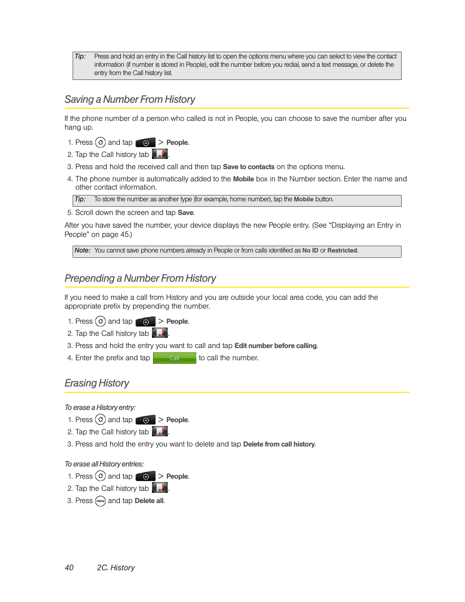 Saving a number from history, Prepending a number from history, Erasing history | HTC EVO 4G User Manual | Page 50 / 197