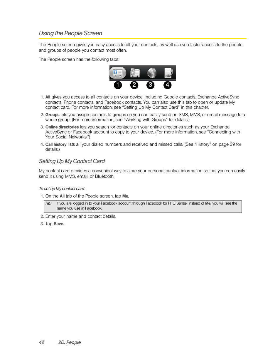 Using the people screen, Setting up my contact card | HTC EVO 4G User Manual | Page 52 / 197