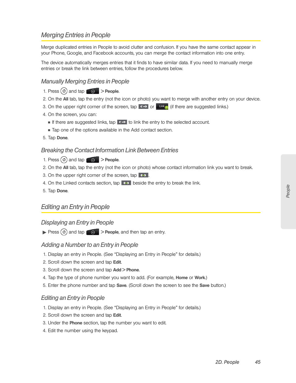 Merging entries in people, Manually merging entries in people, Editing an entry in people | Displaying an entry in people, Adding a number to an entry in people | HTC EVO 4G User Manual | Page 55 / 197