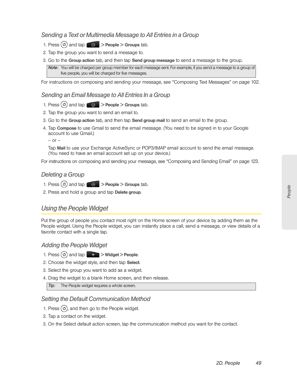 Sending an email message to all entries in a group, Deleting a group, Using the people widget | Adding the people widget, Setting the default communication method | HTC EVO 4G User Manual | Page 59 / 197