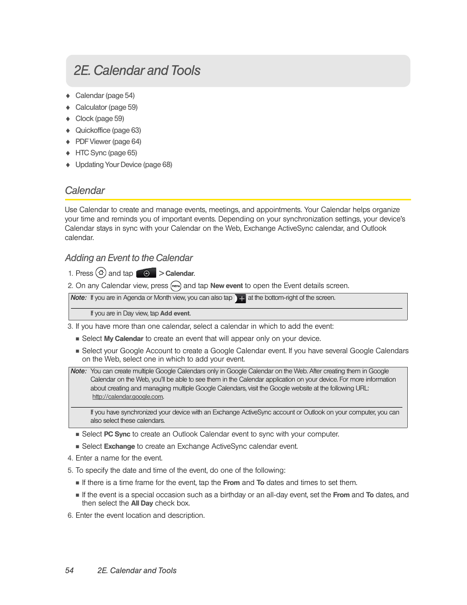 2e. calendar and tools, Calendar, Adding an event to the calendar | HTC EVO 4G User Manual | Page 64 / 197