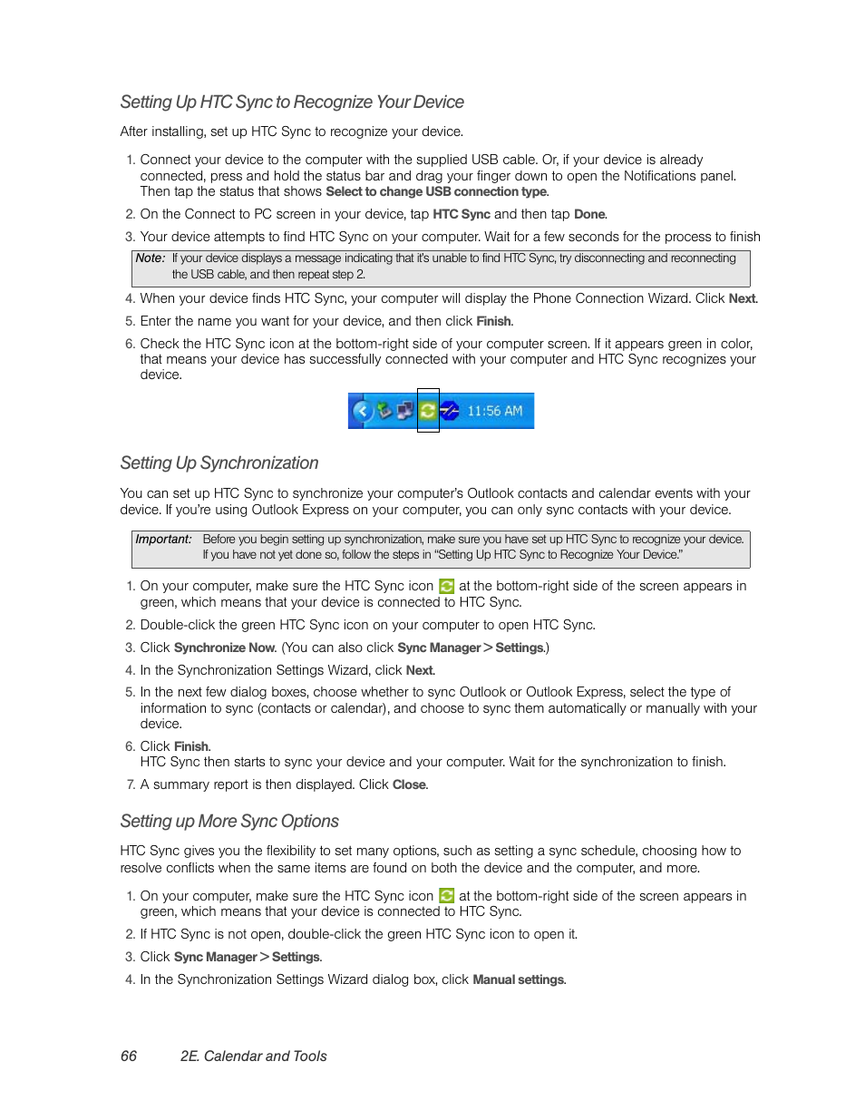 Setting up htc sync to recognize your device, Setting up synchronization, Setting up more sync options | E “setting up more sync options | HTC EVO 4G User Manual | Page 76 / 197