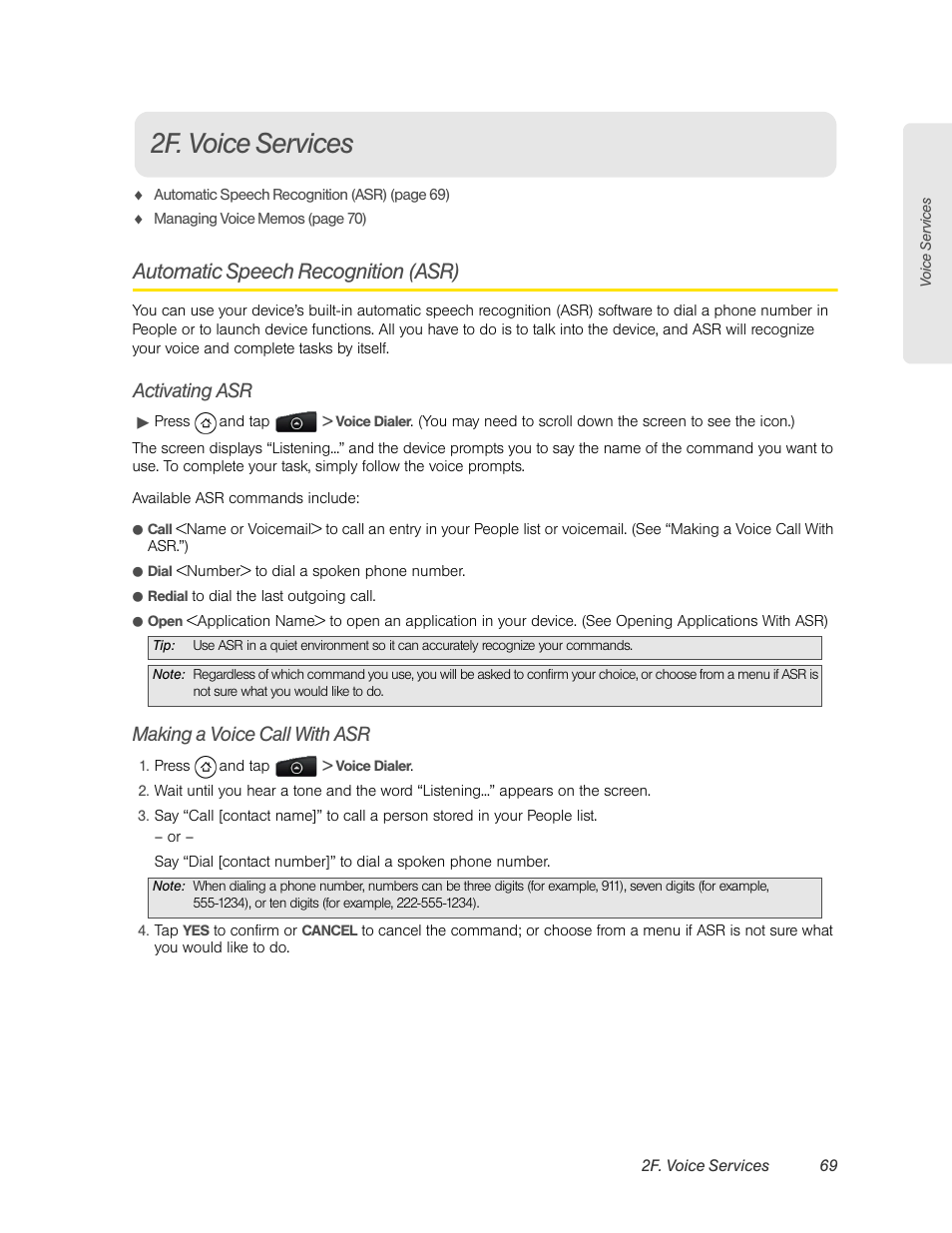 2f. voice services, Automatic speech recognition (asr), Activating asr | Making a voice call with asr | HTC EVO 4G User Manual | Page 79 / 197