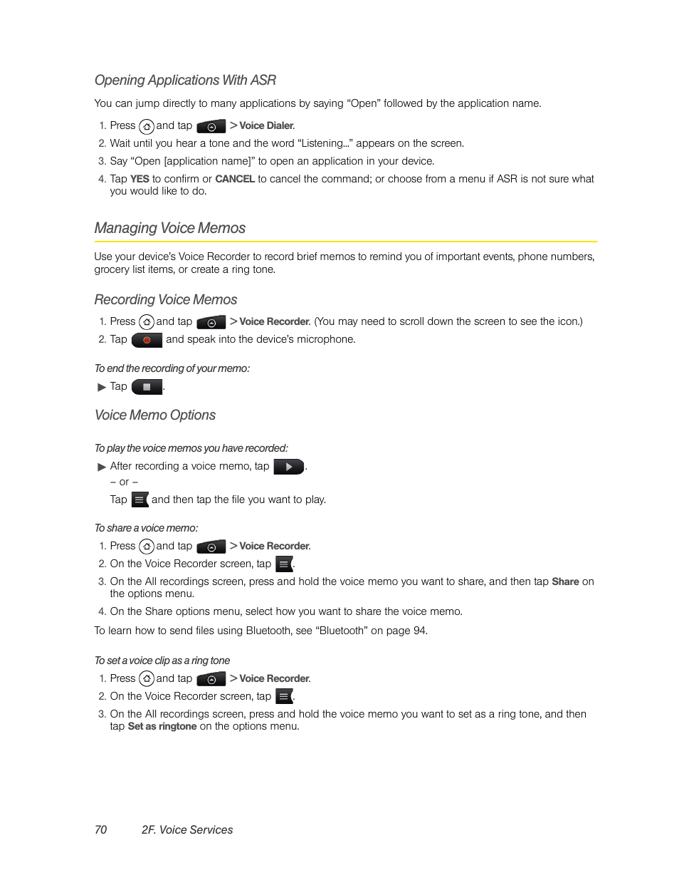 Opening applications with asr, Managing voice memos, Recording voice memos | Voice memo options, Opening applications with asr) | HTC EVO 4G User Manual | Page 80 / 197