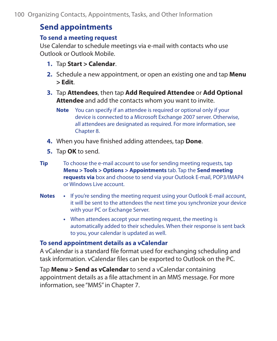 Send appointments | HTC Xda orbit 2 User Manual | Page 100 / 246