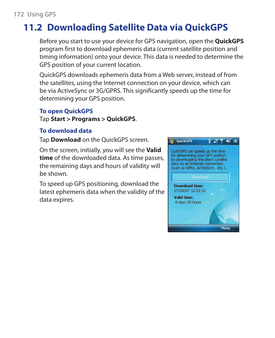 2 downloading satellite data via quickgps, 2 downloading satellite data, Via quickgps | HTC Xda orbit 2 User Manual | Page 172 / 246