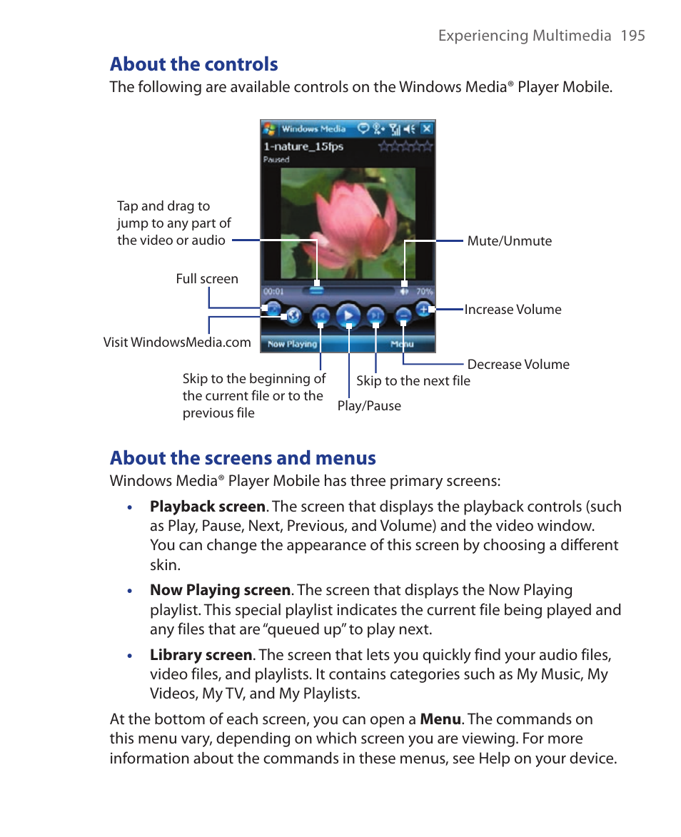 About the controls, About the screens and menus | HTC Xda orbit 2 User Manual | Page 195 / 246