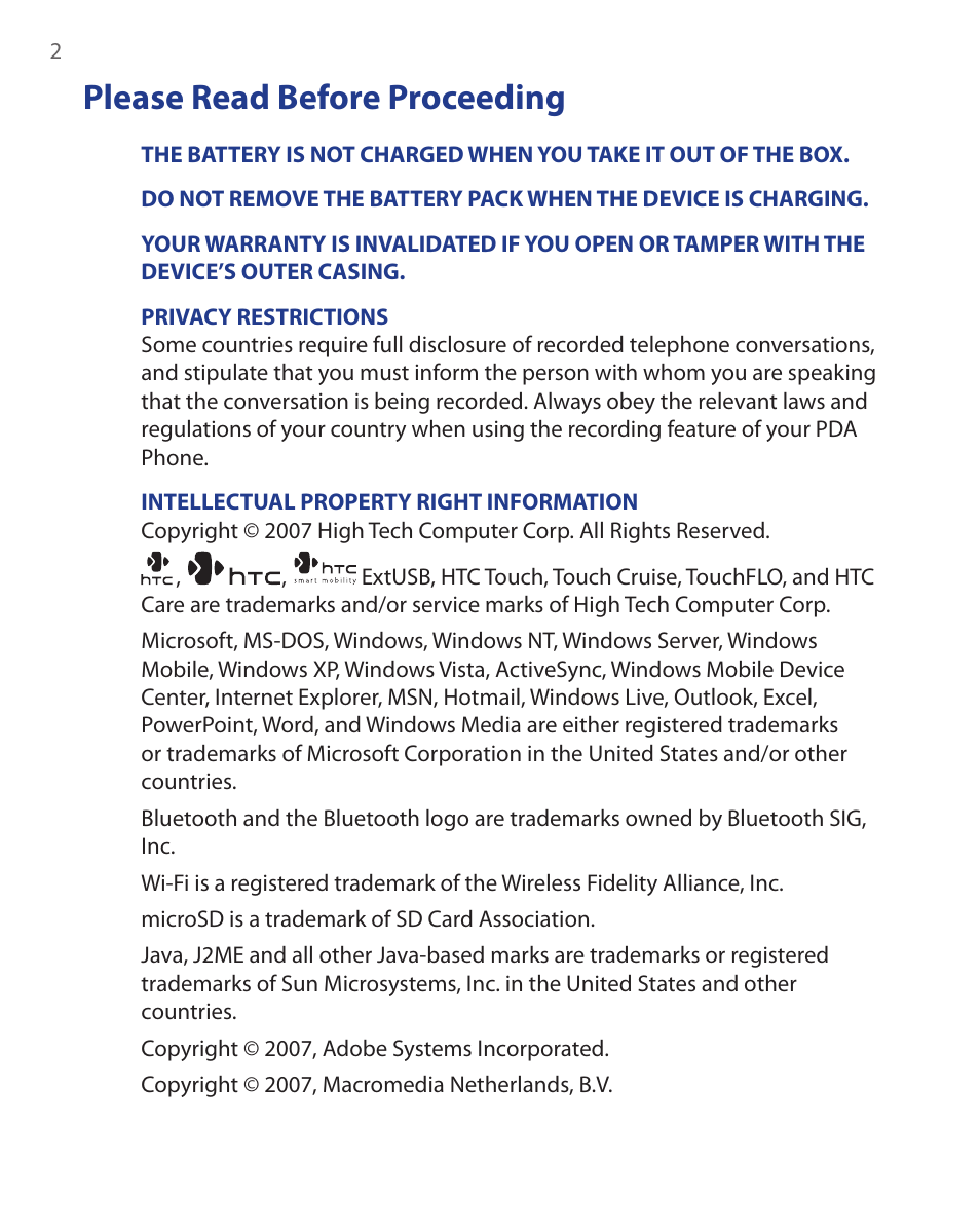 Please read before proceeding | HTC Xda orbit 2 User Manual | Page 2 / 246