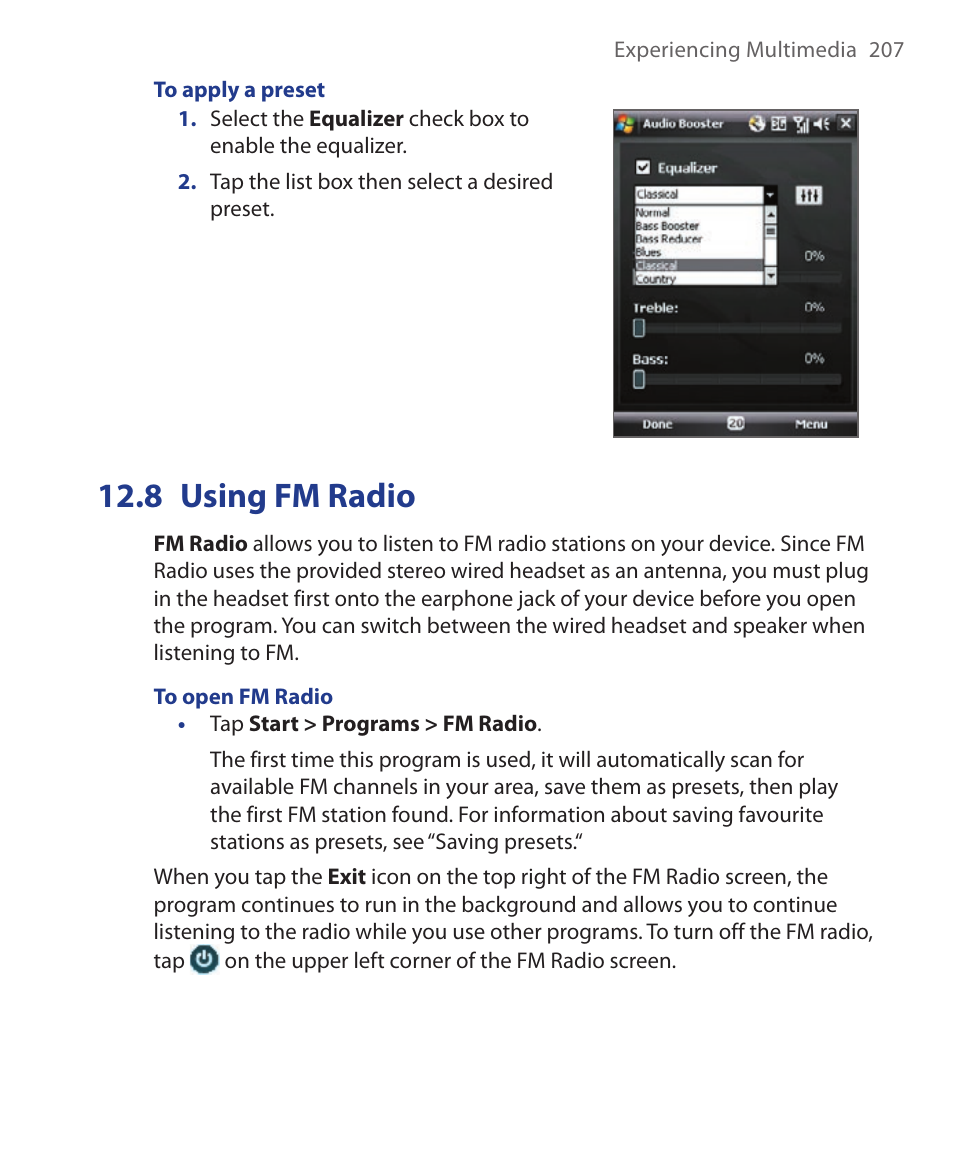 8 using fm radio | HTC Xda orbit 2 User Manual | Page 207 / 246