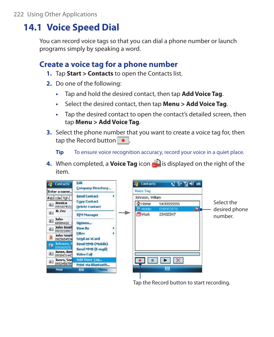 1 voice speed dial, Create a voice tag for a phone number | HTC Xda orbit 2 User Manual | Page 222 / 246