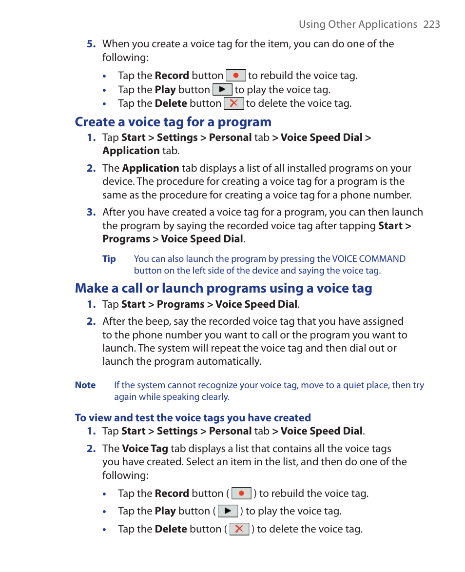 Create a voice tag for a program, Make a call or launch programs using a voice tag | HTC Xda orbit 2 User Manual | Page 223 / 246