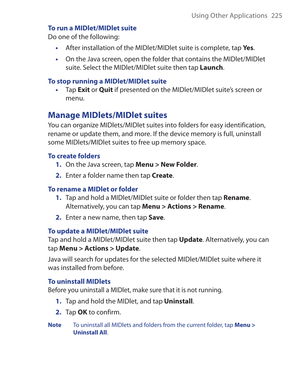 Manage midlets/midlet suites | HTC Xda orbit 2 User Manual | Page 225 / 246