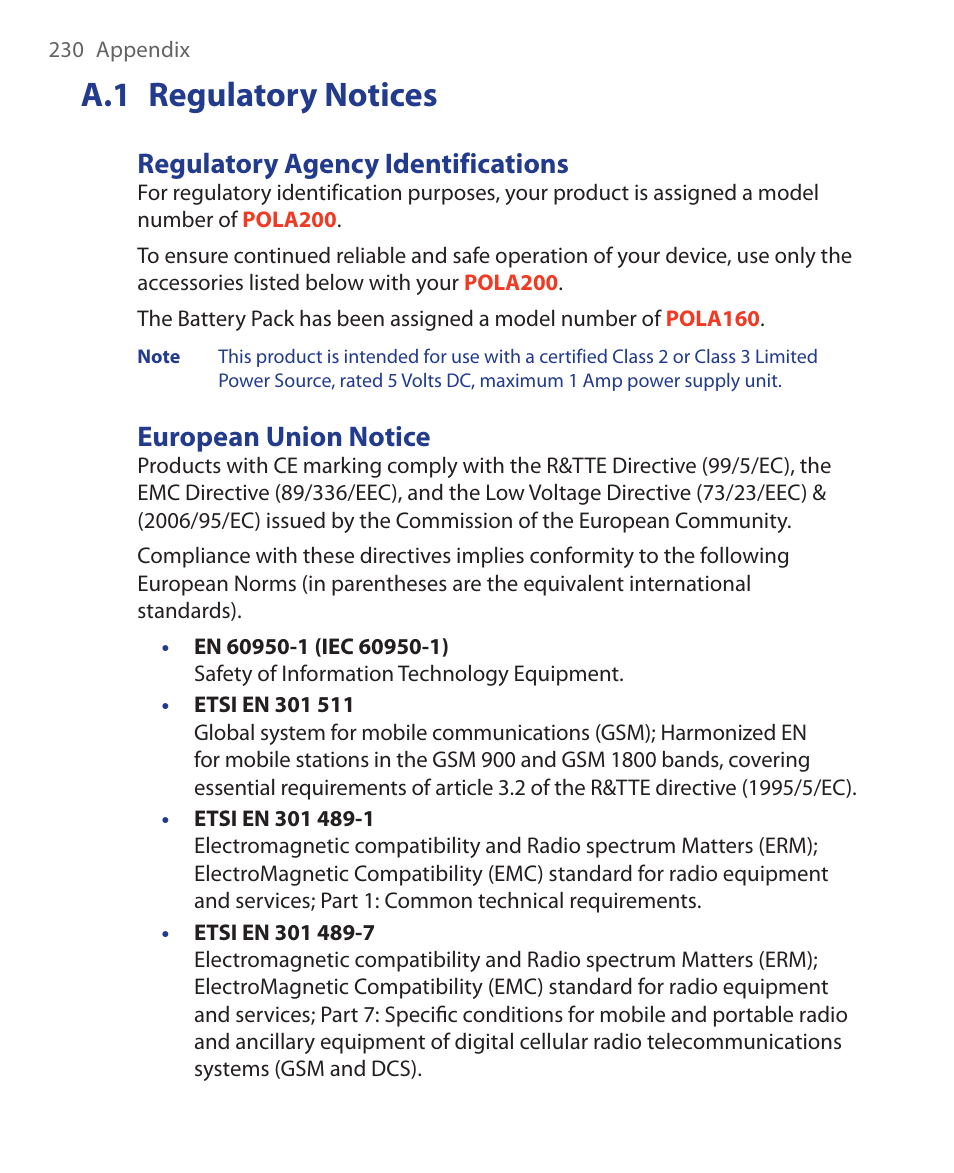 A.1 regulatory notices, Regulatory agency identifications, European union notice | HTC Xda orbit 2 User Manual | Page 230 / 246