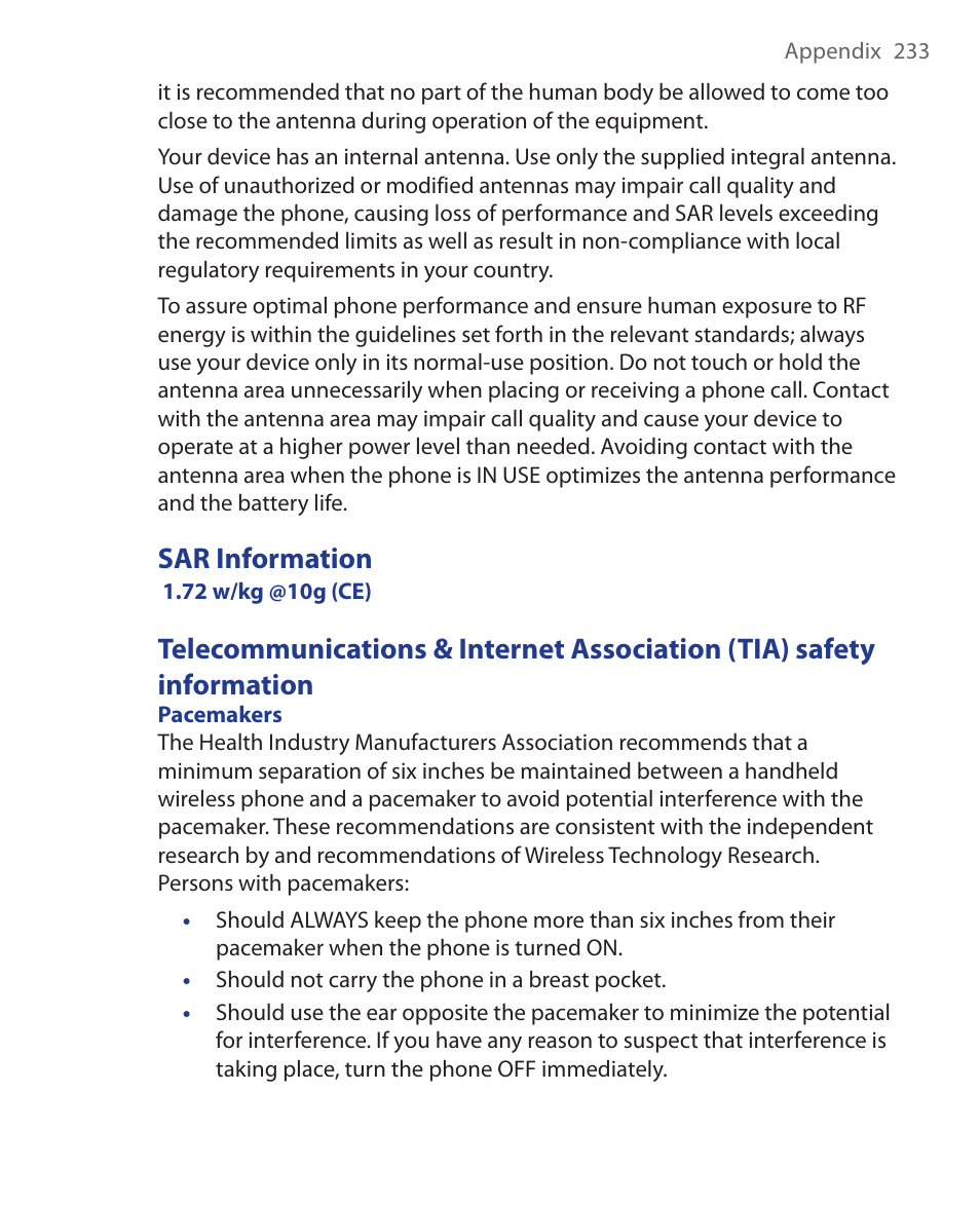 Sar information | HTC Xda orbit 2 User Manual | Page 233 / 246