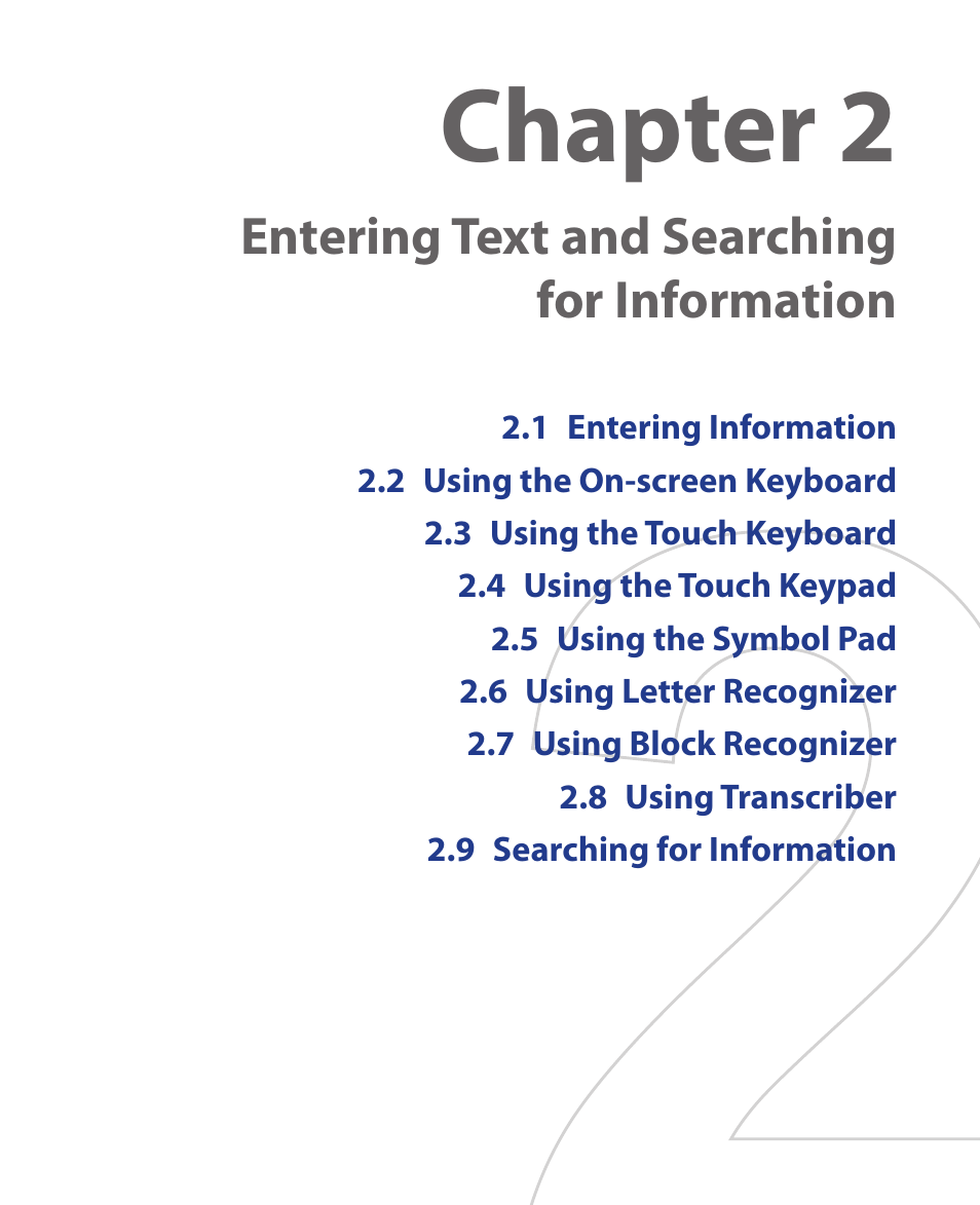 Chapter 2, Entering text and searching for information | HTC Xda orbit 2 User Manual | Page 49 / 246
