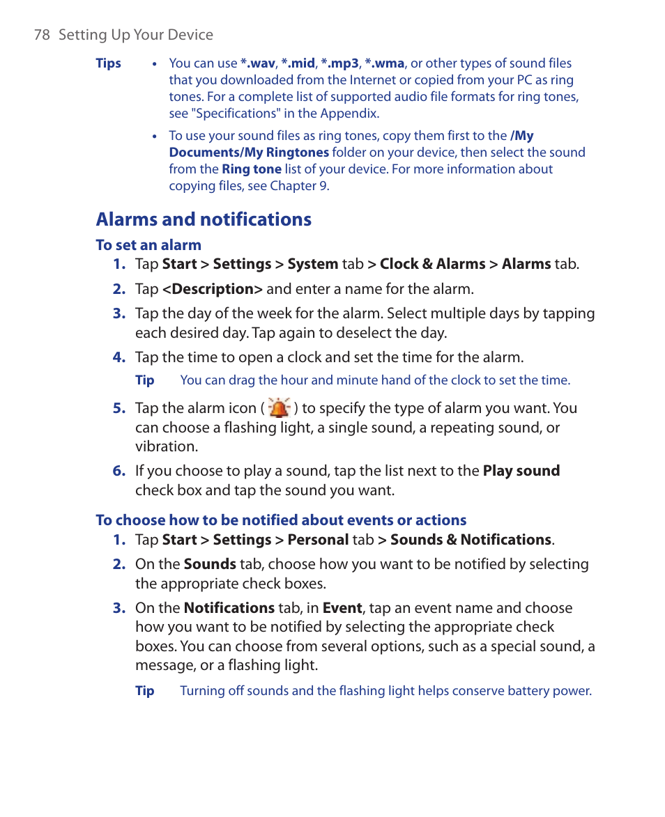 Alarms and notifications | HTC Xda orbit 2 User Manual | Page 78 / 246