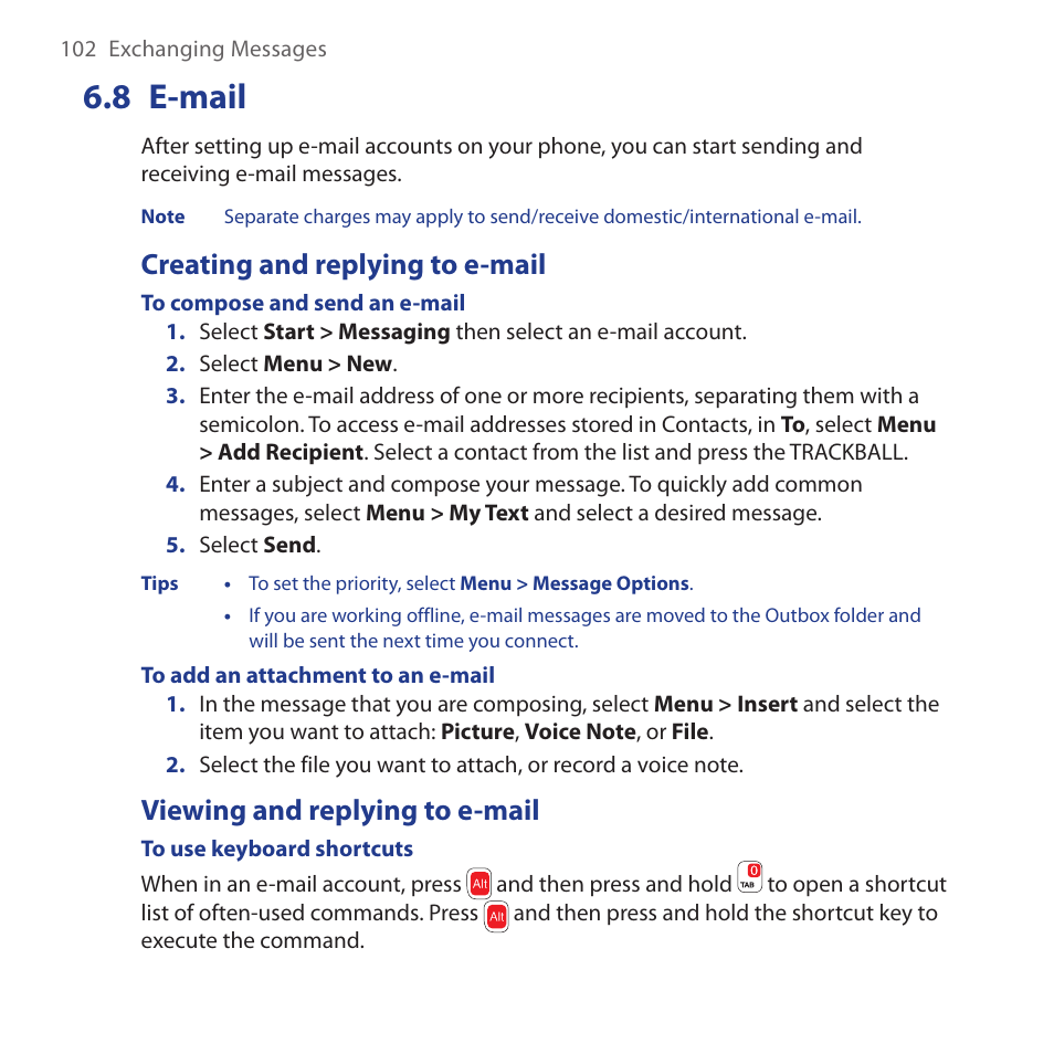 8 e-mail, Creating and replying to e-mail, Viewing and replying to e-mail | E-mail | HTC Dash 3G HS S200 User Manual | Page 102 / 192