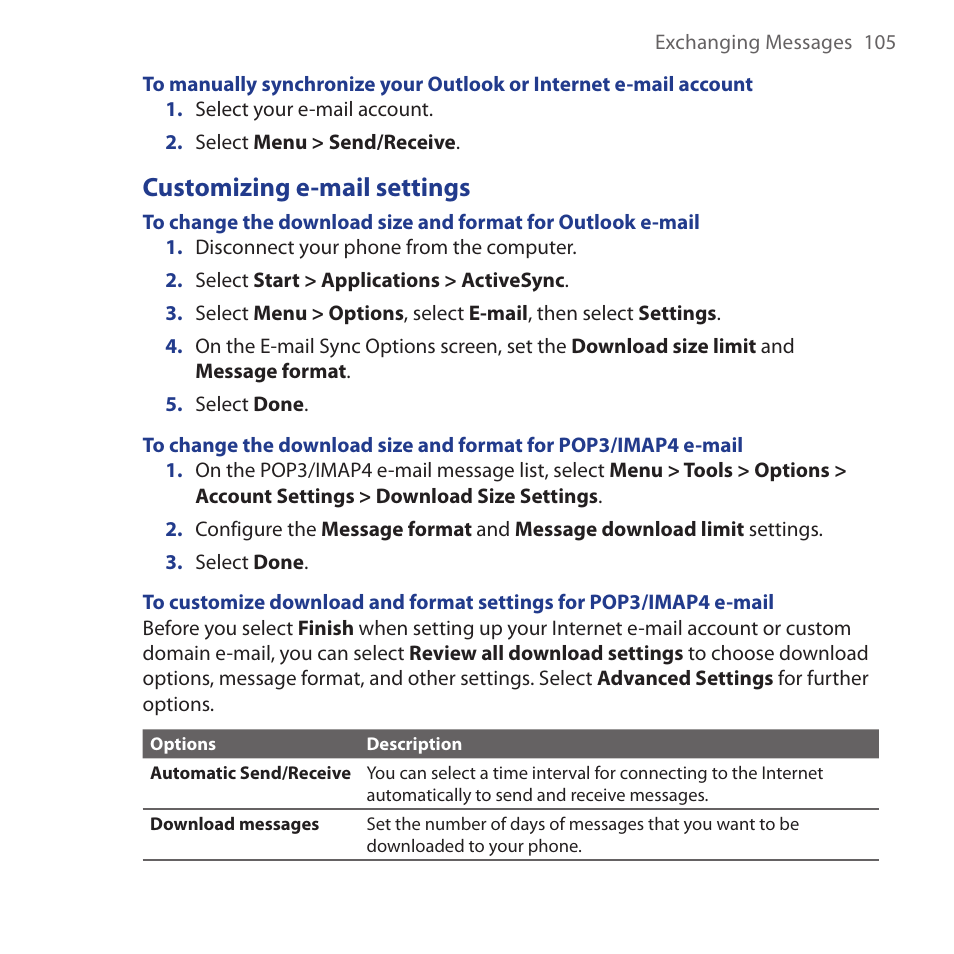 Customizing e-mail settings | HTC Dash 3G HS S200 User Manual | Page 105 / 192