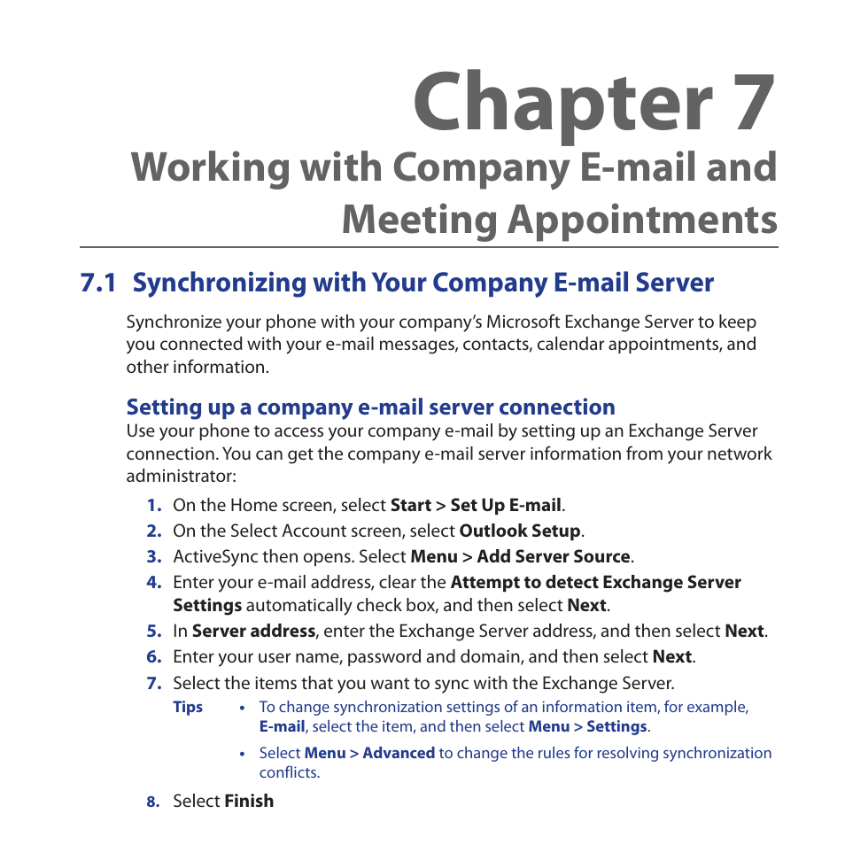 1 synchronizing with your company e-mail server, Setting up a company e-mail server connection, Synchronizing.with.your.company.e-mail.server | Chapter 7 | HTC Dash 3G HS S200 User Manual | Page 107 / 192