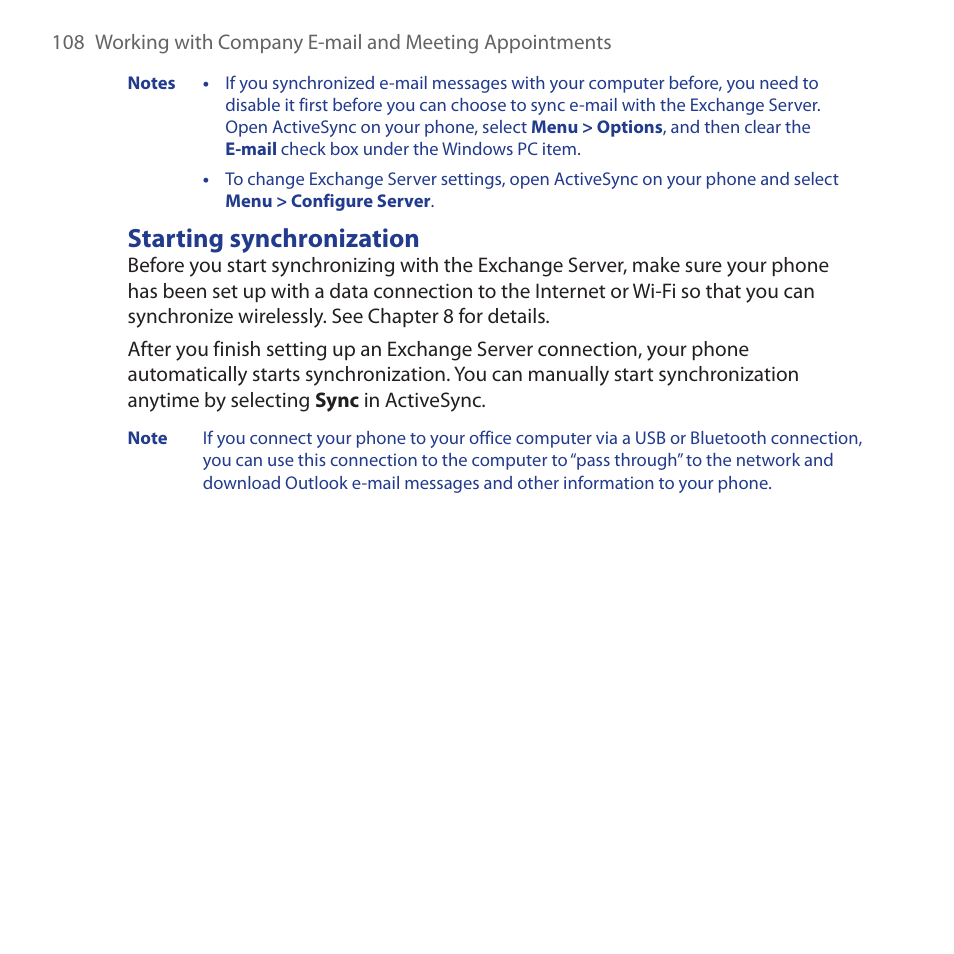 Starting synchronization | HTC Dash 3G HS S200 User Manual | Page 108 / 192