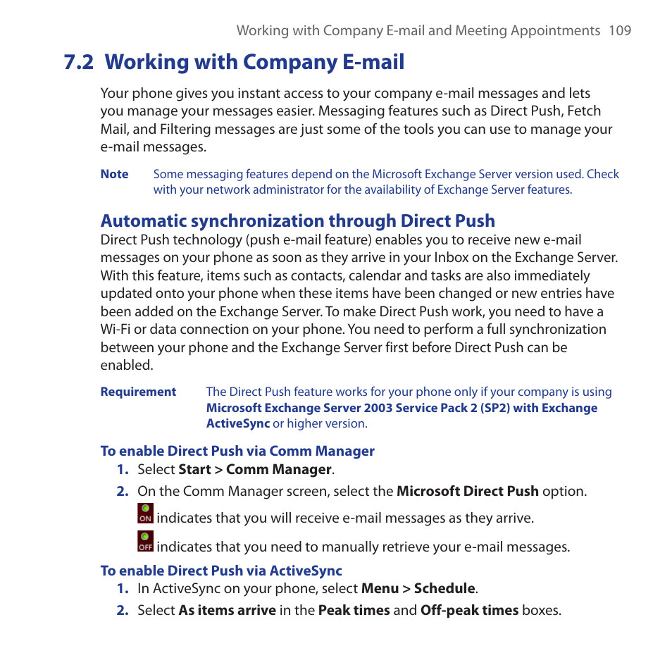2 working with company e-mail, Automatic synchronization through direct push, Working.with.company.e-mail | HTC Dash 3G HS S200 User Manual | Page 109 / 192