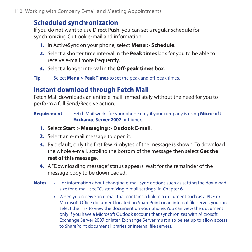 Scheduled synchronization, Instant download through fetch mail | HTC Dash 3G HS S200 User Manual | Page 110 / 192
