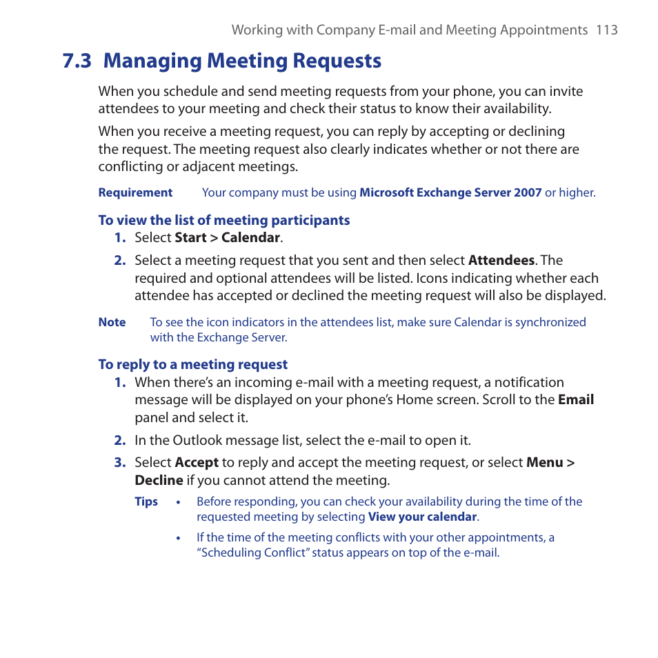 3 managing meeting requests, Managing.meeting.requests | HTC Dash 3G HS S200 User Manual | Page 113 / 192